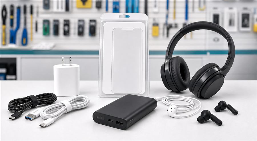 Phone screen protectors, chargers, power bank, and headphones