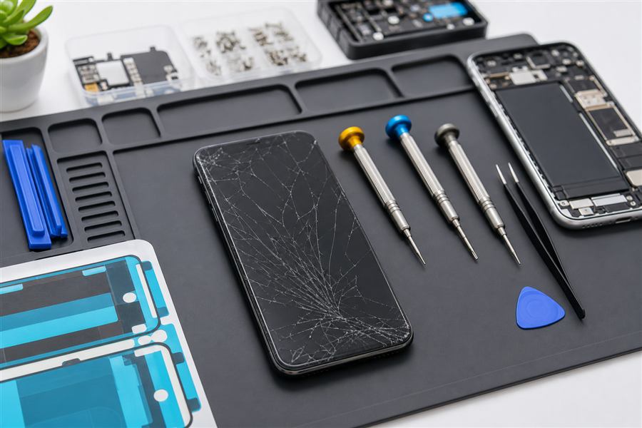 Cracked phone screen on a repair bench with precision tools