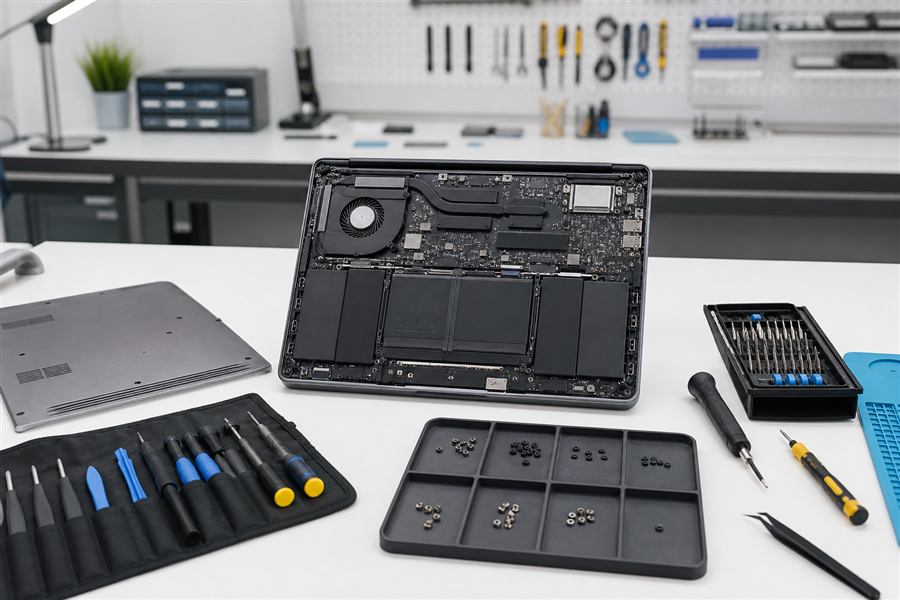 Laptop opened for repair with organized precision tools