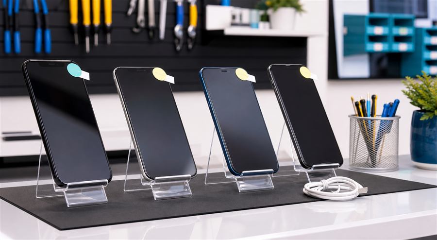 Pre-owned smartphones displayed on a retail repair counter